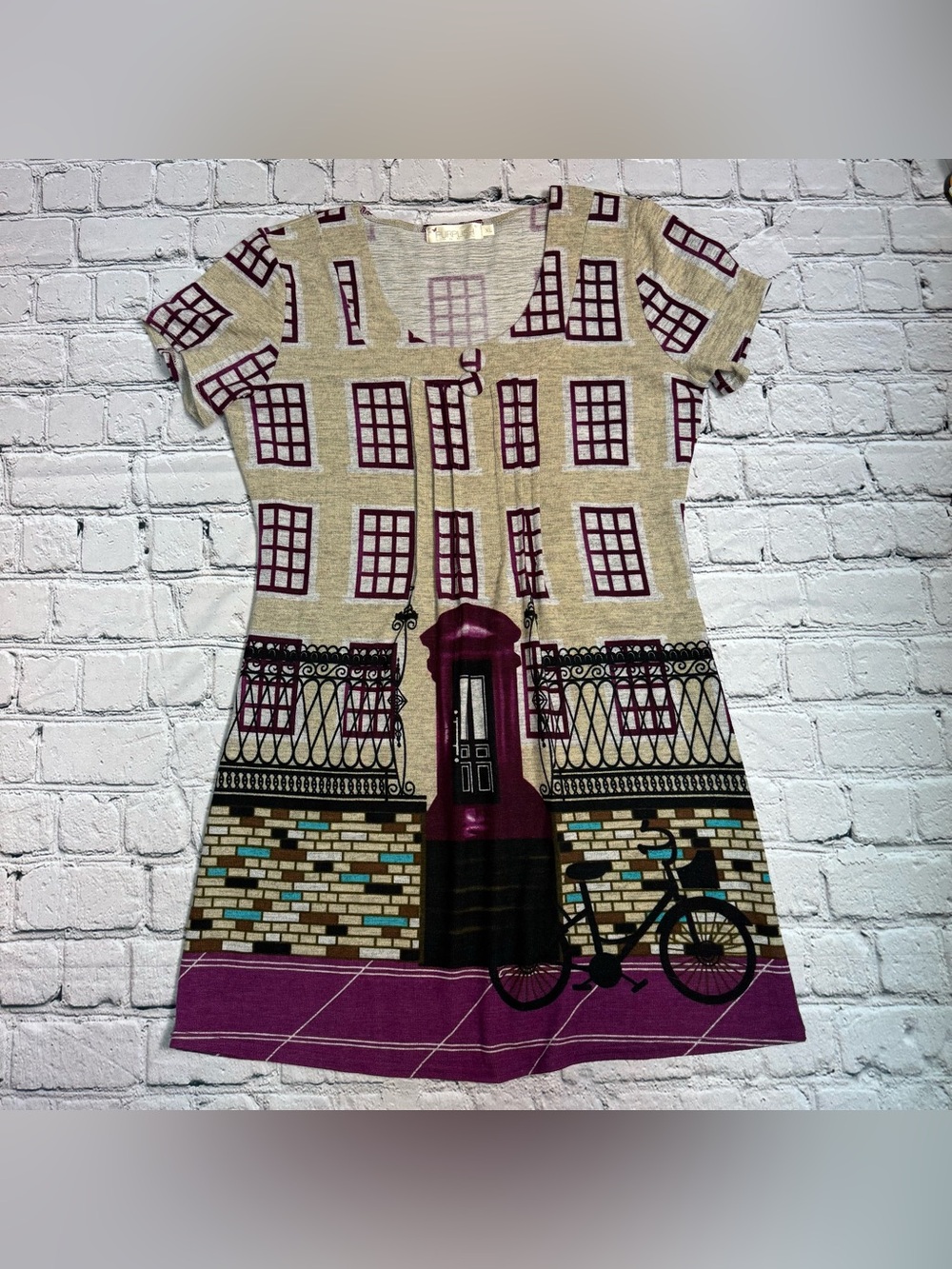 Purplish London Townhouse Bicycle Graphic Twee Retro Mod Knit Mini Dress Size XL